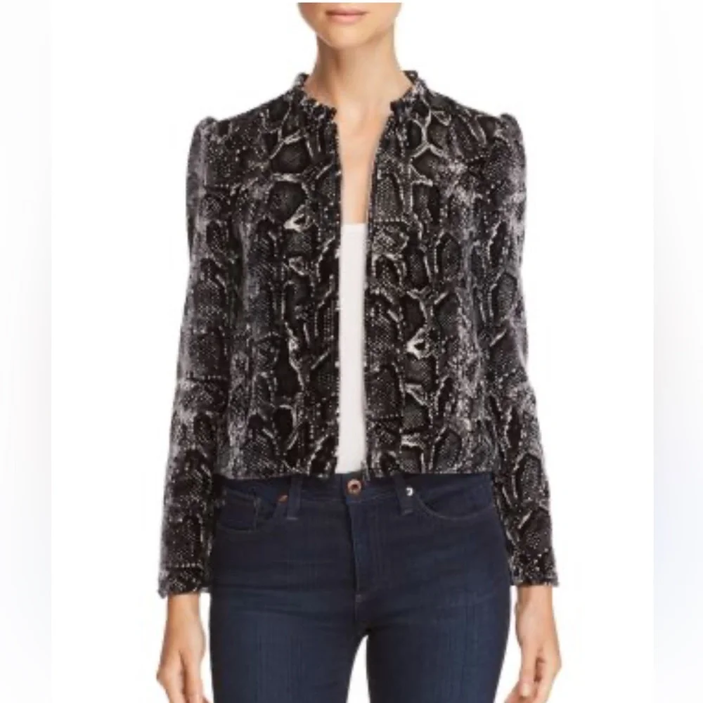 Rebecca Taylor Python Snake Print Velvet Jacket Black White Silk Blend Sz L